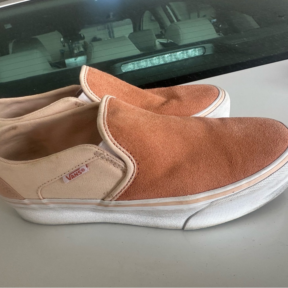 Vans Peach and Light Pink Suede Slip-On Sneakers